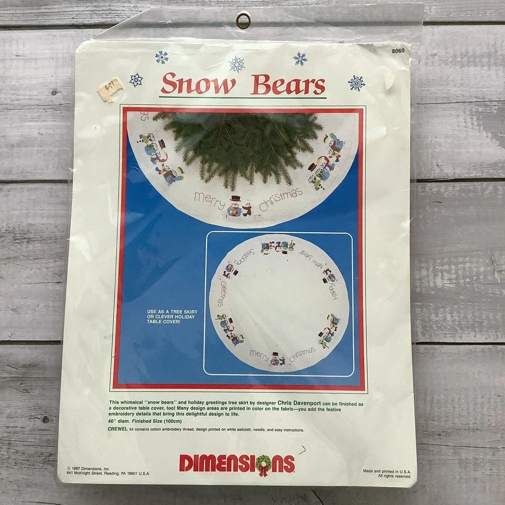 Dimensions Snow Bears Christmas Tree Skirt‎ Tablecloth Crewel Embroidery Kit NEW